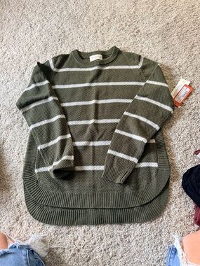 Striped Olive Crew Neck Sweater - Women's